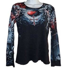 SPIRAL DIRECT LIFE AND DEATH Allover LADIES Long Sleeve Top Gothic Skull M
